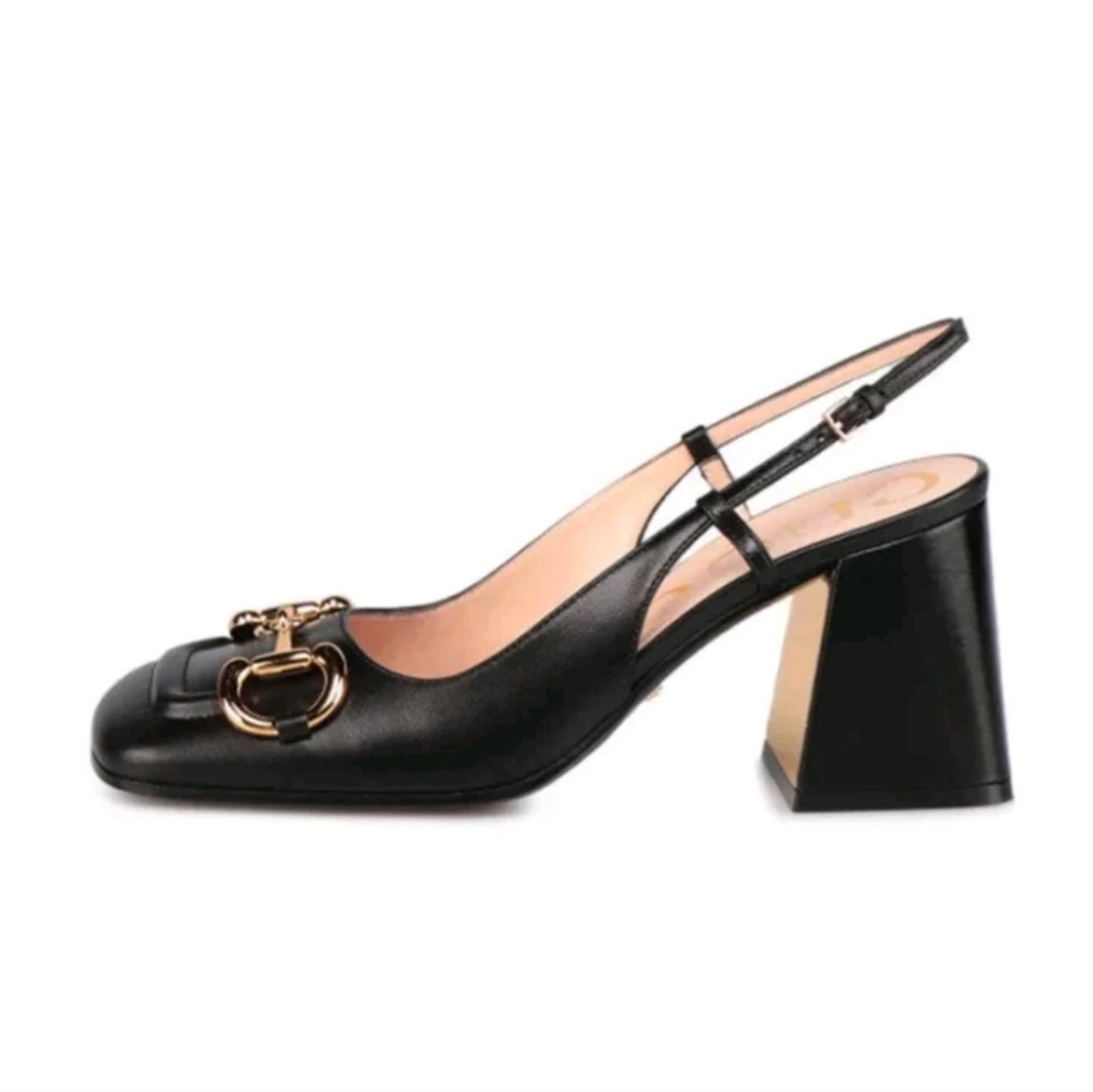 $1,050 GUCCI Horsebit 75mm Heeled Slingback Leather Black EU 37 & 40 US 7 & 10